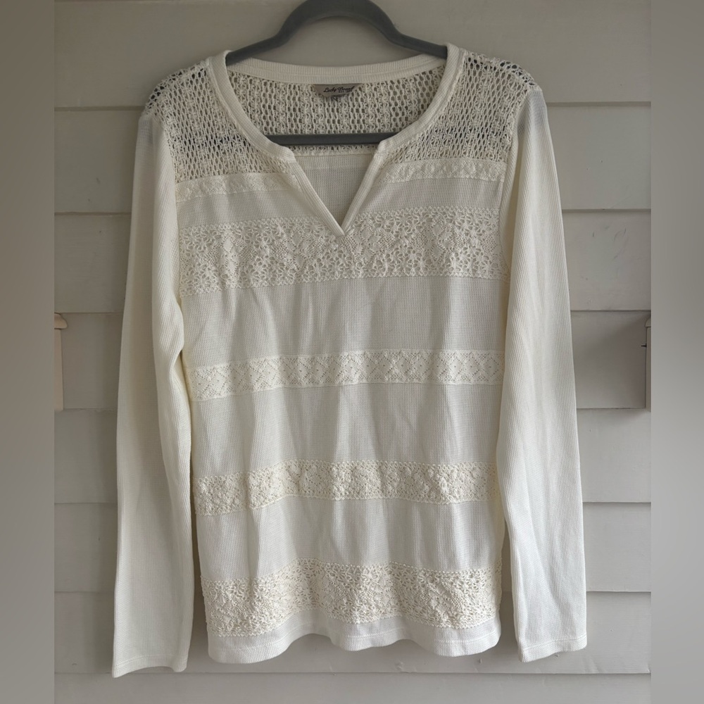 Lucky Brand Cream Boho Open Crochet Ribbed Long Sleeve Top Women’s Size Large
